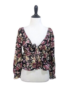 NEW Timing Tie Front Deep V Floral Cropped Flared Blouse - Size Medium Womens